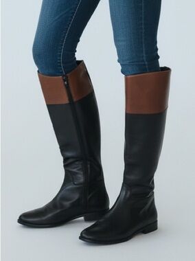 Cole Haan Two-Tone Leather Knee High Riding Boots Black and Brown Leather 7.5